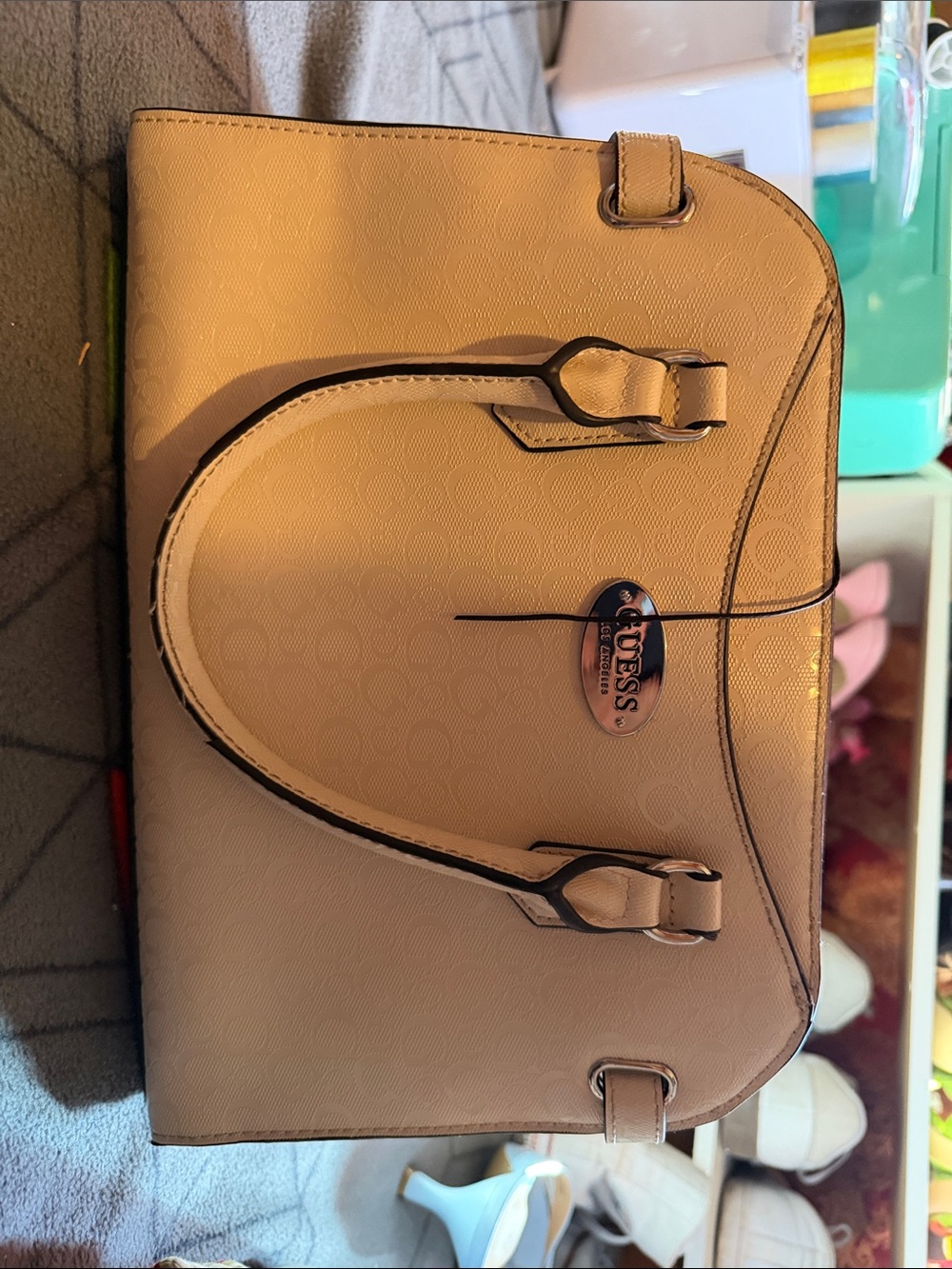 GUESS Cream Dome Satchel with Signature Logo Plaque